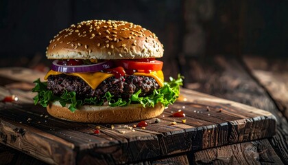 A juicy cheeseburger with lettuce, tomato, and onion sits on a rustic wooden cutting board, inviting and delicious.