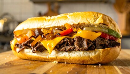 A hyper-realistic close-up of a classic Philly cheesesteak sandwich, loaded with thinly sliced beef, melted cheese, and grilled peppers on a fresh roll
