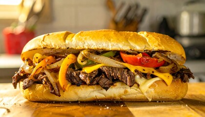A delicious and hearty cheesesteak sandwich loaded with thinly sliced steak, melted cheese, grilled onions, and colorful bell peppers on a hoagie roll
