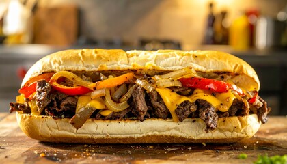 A close-up shot of a delicious Philly cheesesteak sandwich, ready to eat.