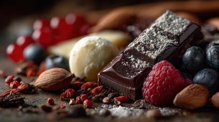 Delicate composition featuring dark chocolate, berries, and nuts in dim light