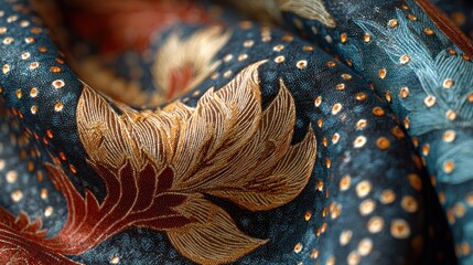 Intricate floral textile, detailed textures and deep hues design with golden details