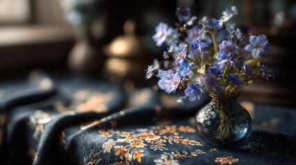 Elegant floral arrangement of blue blossoms in a vintage glass vase