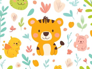 Fototapeta premium Kid animals Cute vector crayon child animal icon Children cute pattern Baby crayon background Kid pencil line art Cartoon child icon illustration School kindergarten jungle zoo doo