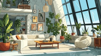 Bohemian interior rendering with plants near the big window with sunlight