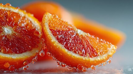 Vibrant blood orange slices, glistening with refreshing dew drops on skin