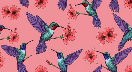 Hummingbirds with red flowers pattern illustration on pink background