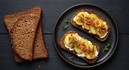 Delicious potato toast with caramelized onions on a dark plate