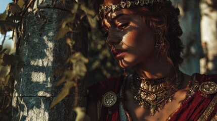Enchanting Maiden in Antique Garb, Surrounded by Sunlight and Lush Foliage