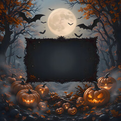 Spooky halloween forest at night with pumpkins and flying bats creating a mysterious and festive seasonal atmosphere for autumn holiday decorations