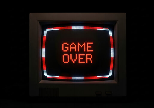 Old CRT monitor with red pixel 'GAME OVER' text, an interpretation of failure, video game nostalgia, and dramatic conclusion