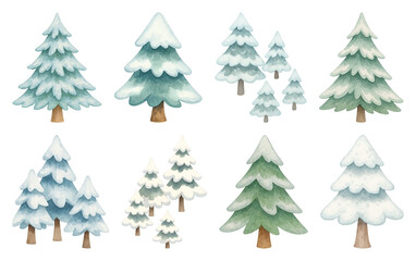 PNG Watercolor snowy pine trees illustration, element set on transparent background