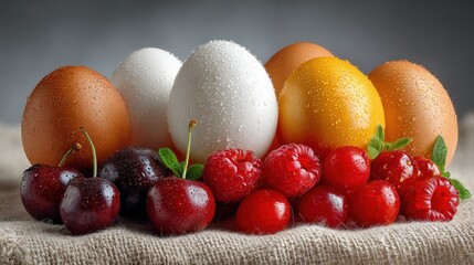 Still Life of Fresh Eggs and Berries with Water Droplets on Rustic Fabric