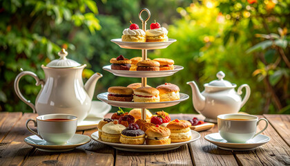 Fototapeta premium Traditional afternoon tea with cakes in a sunlit garden