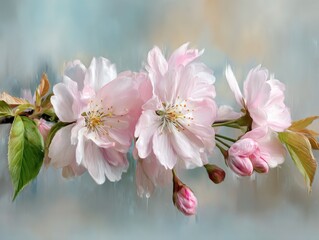 Delicate pink cherry blossoms on a branch, a beautiful springtime scene, painted in soft hues.