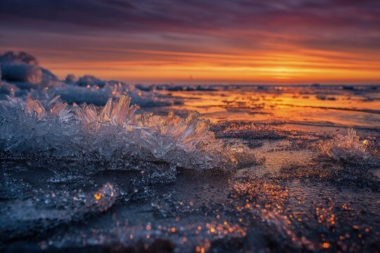 Frozen Ice Crystals At Sunset On Shore - Powered by Adobe