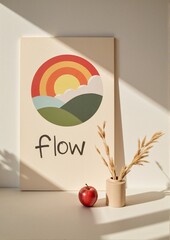 Colorful poster with sunrise graphic and text 'flow' on table  