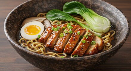Delicious ramen bowl with noodles meat egg and vegetables closeup