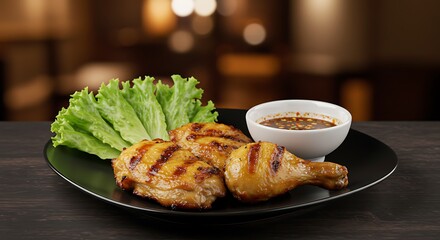 Grilled chicken and salad served on a black plate with dipping sauce