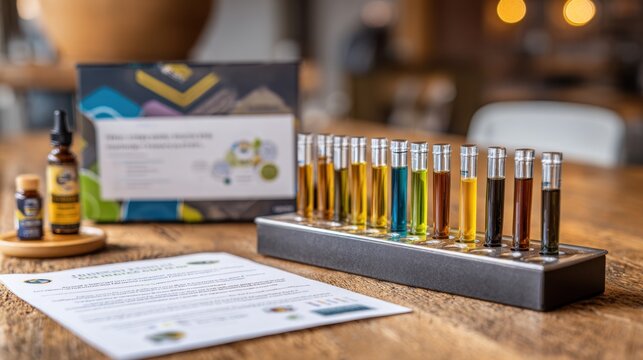 Medium shot of a singlevarietal tasting sample kit on a wooden table with kit in sharp focus and surrounding objects blurred