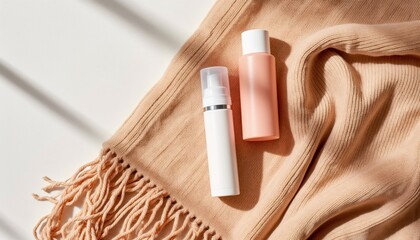 Skin care products on light fabric with soft shadows in natural light  