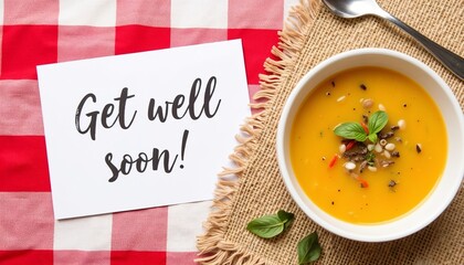 Bowl of healthy soup with 'Get well soon' message on table  