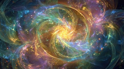 An abstract swirling vortex of colorful gaseous forms with a central golden core and sparkling particles