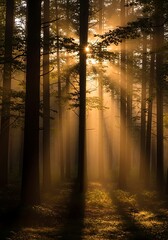 Golden Sunlight Piercing Forest Canopy.