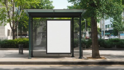 Bus stop billboard Mockup in empty street in Paris. Parisian hoarding advertisement close to a park in beautiful city