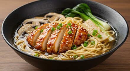 Delicious ramen bowl with sliced chicken mushrooms noodles and greens