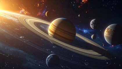 Planetary System in Deep Space: A Celestial Panorama of Planets and Rings