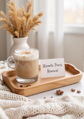 Coffee with decorative lettering "Warmth, Peace, Renewal" on a wooden tray next to dried flowers