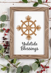 Wooden frame with 'Yuletide Blessings' sign and festive foliage  
