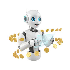3d illustration of a cute robot using a tablet with gold coins floating around it isolated on transparent background, representing digital currency and financial technology