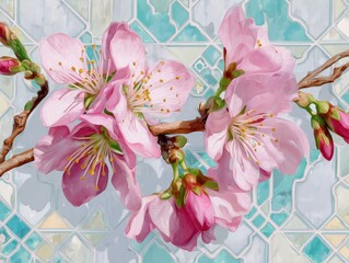 Delicate pink blossoms adorn a light teal mosaic background, showcasing a vibrant springtime scene.