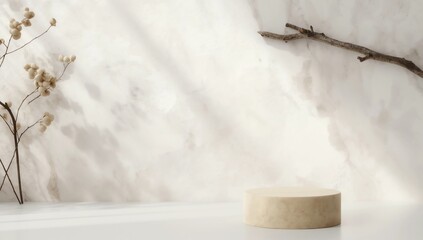 Minimal abstract background for product presentation. Dry twigs with tree shadow on white plaster wall. 3d render illustration. Clipping path of each element included