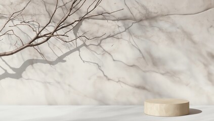 Minimal abstract background for product presentation. Dry twigs with tree shadow on white plaster wall. 3d render illustration. Clipping path of each element included