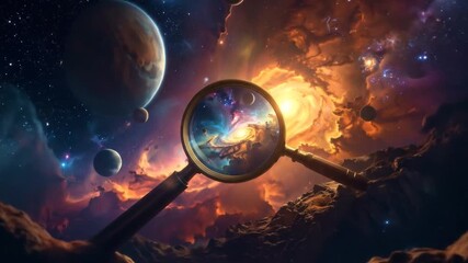 Magnifying Glass Revealing Celestial Spectacle Amidst Cosmic Tapestry