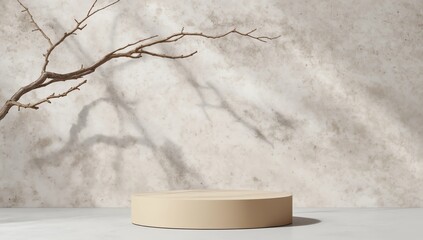 Minimal abstract background for product presentation. Dry twigs with tree shadow on white plaster wall. 3d render illustration. Clipping path of each element included