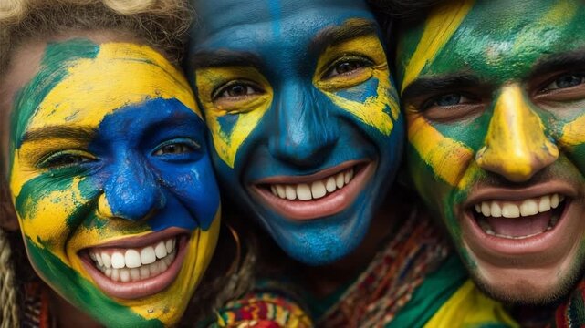 Three people with faces painted in brazilian flag colors, smiling with joy.