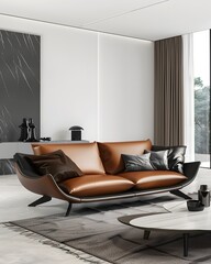 Luxurious modern living room showcasing a sleek brown leather sofa and contemporary decor, perfect for upscale interior design projects and sophisticated lifestyle showcases.