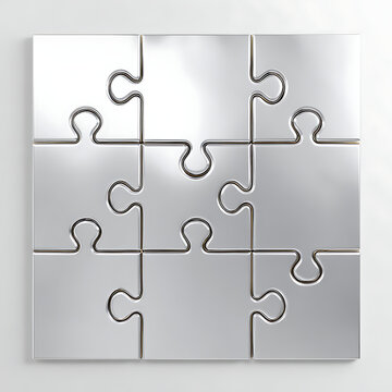 Silver metallic puzzle squares interlocked to form a complete 3x3 square, symbolizing solution, teamwork, strategy, and business completion on a white background.