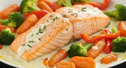 Delicious salmon dish with fresh vegetables overhead view