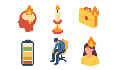 Burnout concept icons set including stress and exhaustion in work and life