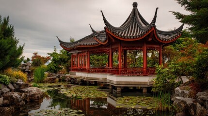 Obraz premium Traditional chinese pagoda in garden setting