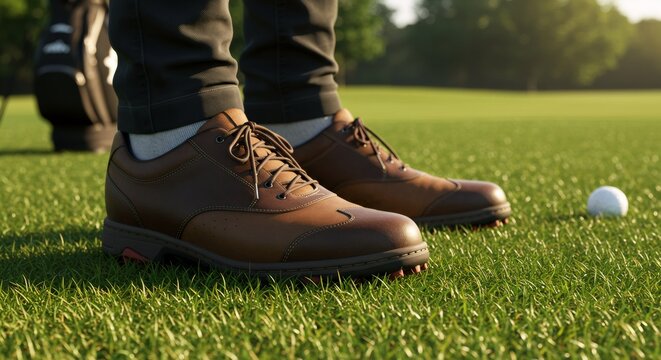 Man wearing golf shoes standing on green grass with golf ball. Professional player on course ready to swing.