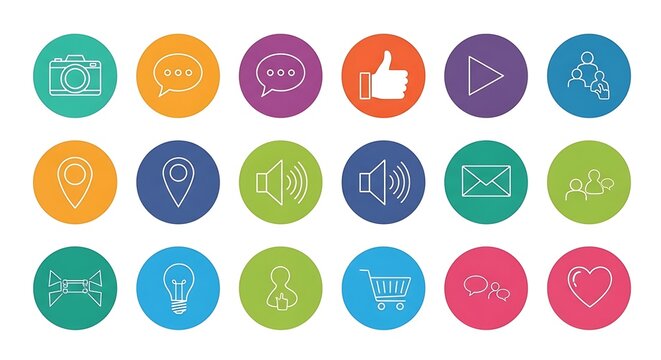 Vibrant Circular Icons Social Media Communication and Digital Interaction Symbols.