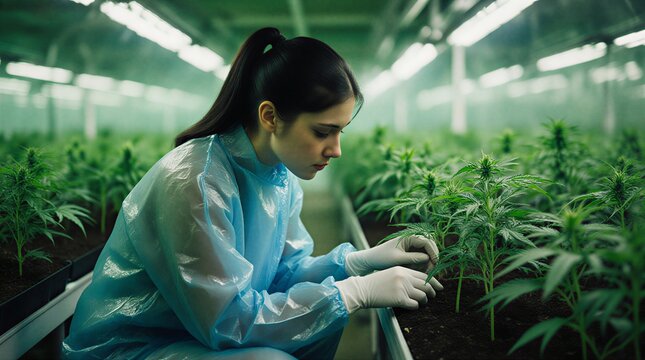 scientist carefully inspecting lush green plants in a vibrant outdoor field | science, agriculture, botany, environment, research theme - Powered by Adobe