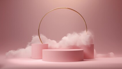 Modern Minimal Step Pink Podium With White Cloud And Gold Ring Abstract Background 3d Render