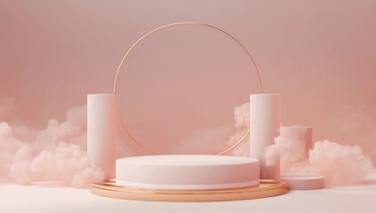 Modern Minimal Step Pink Podium With White Cloud And Gold Ring Abstract Background 3d Render